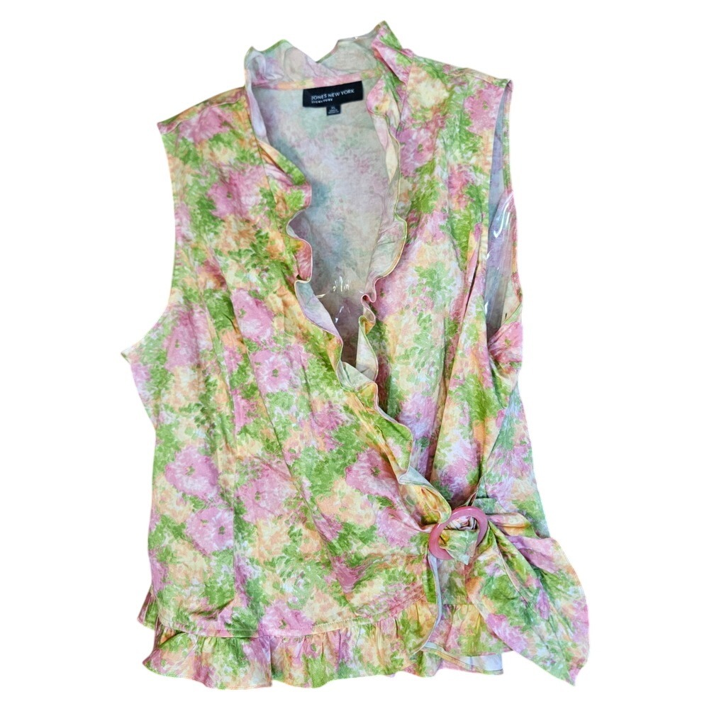 Jones New York Signature Pink Green Floral Cotton Ruffle Wrap Top Sleeveless‎ XL